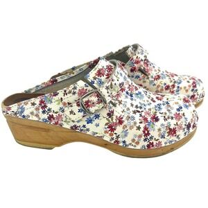 Troentorp Clogs Womens 7.5 EU 38 White Floral Wooden Bastad Swedish Mules Buckle